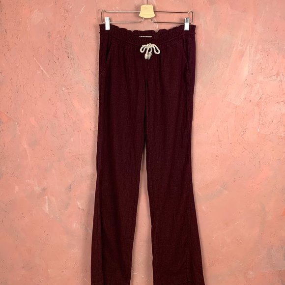 ROXY Linen Blend Wide Leg Pants/Oceanside Pant/Beach Pants Roxy/Burgundy Linen - Picture 3 of 9